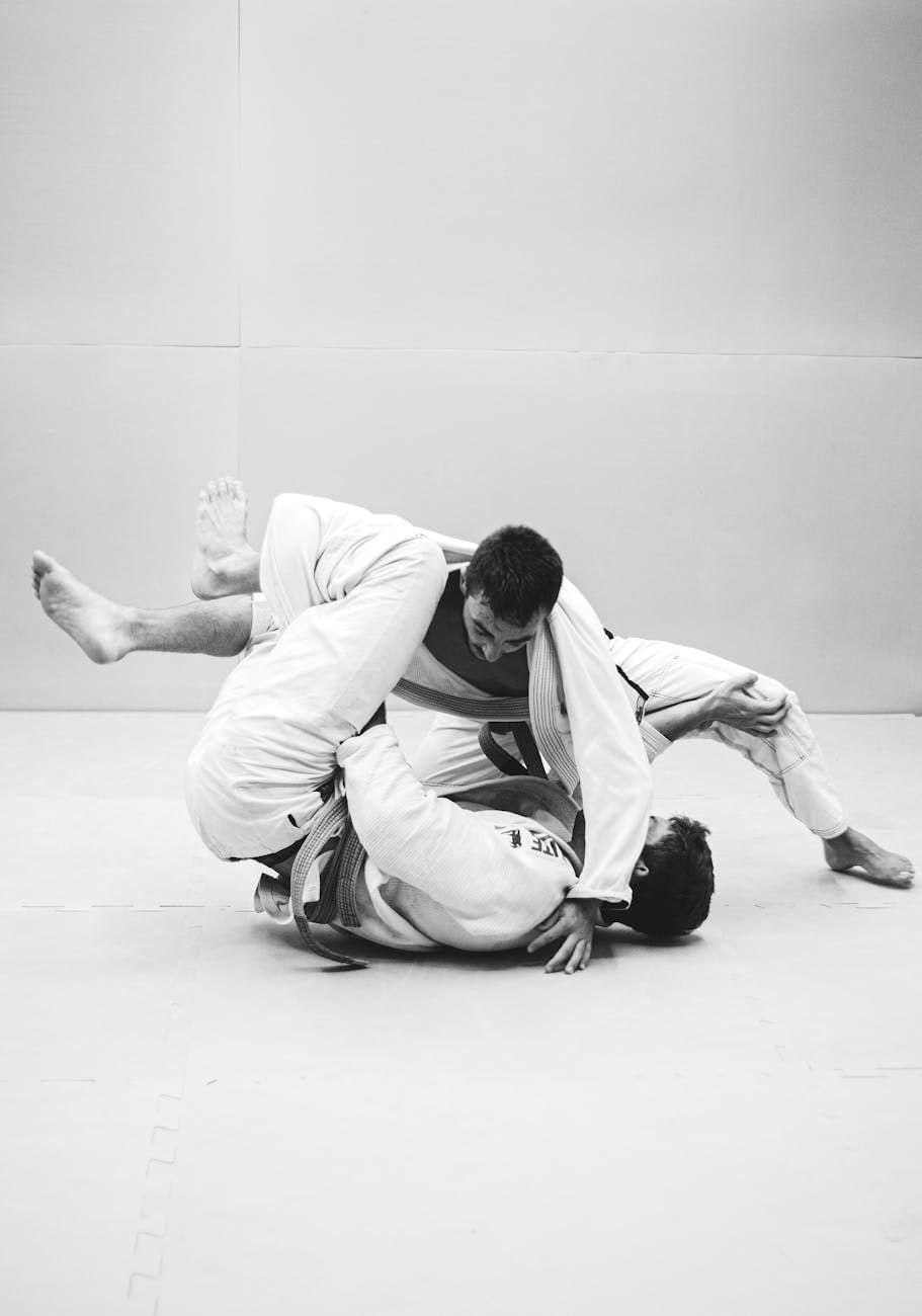 men fighting in martial arts combat